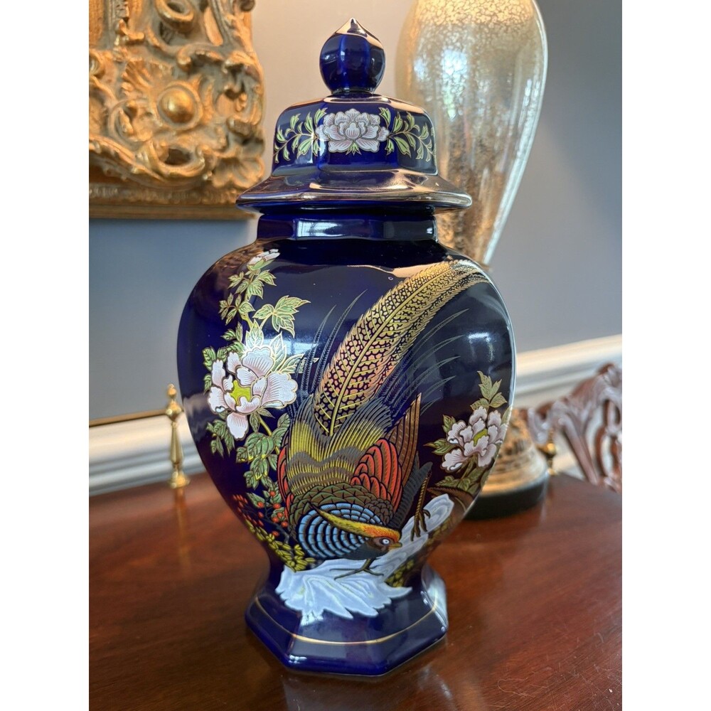 Vintage Japanese Ginger Jar Cobalt Blue and Gold Large 12" Pheasant Exc Cond